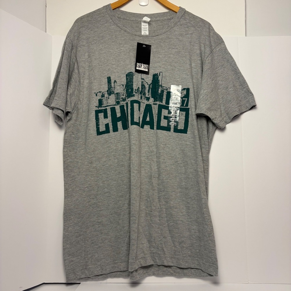 Bye Bye Chicago Skyline 37 T-Shirt Mens Large Gray Green Graphic Tee Tultex NEW